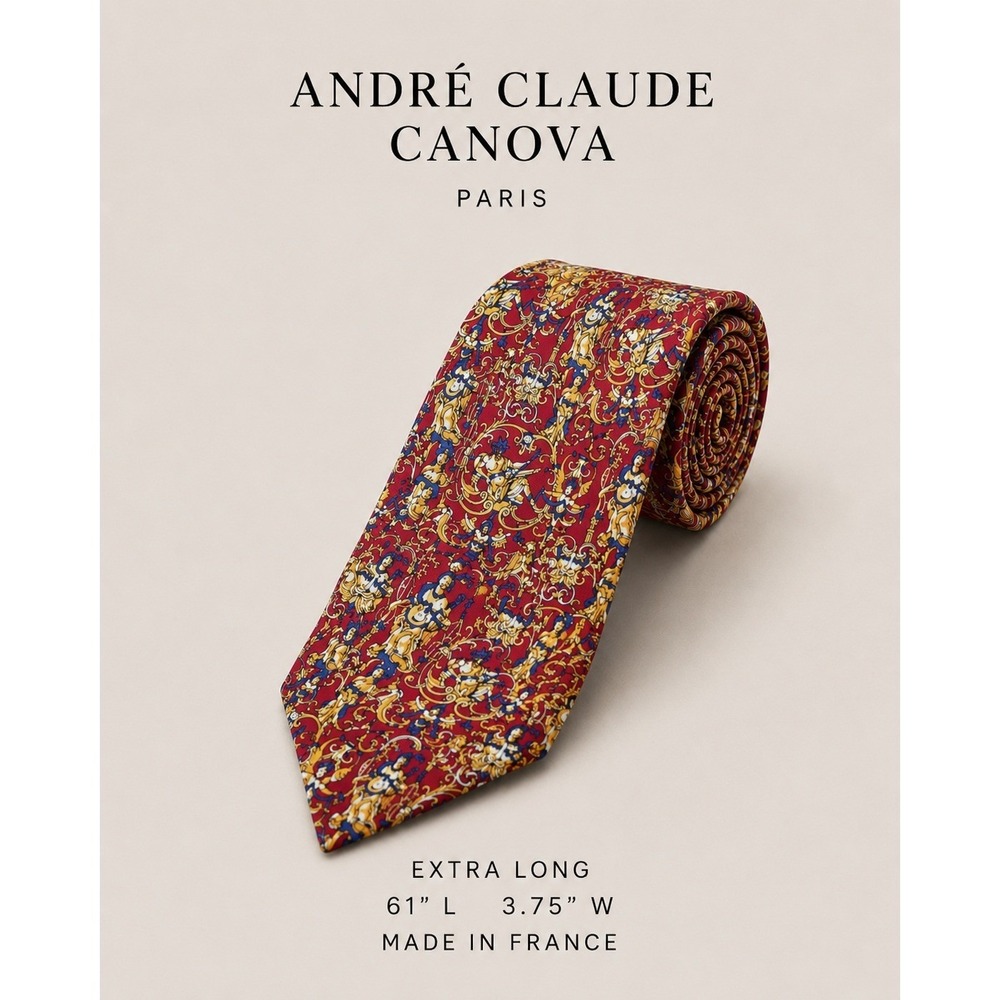 Andre Claude Canova Paris Silk Tie Red Gold Statues Baroque Extra Long France
